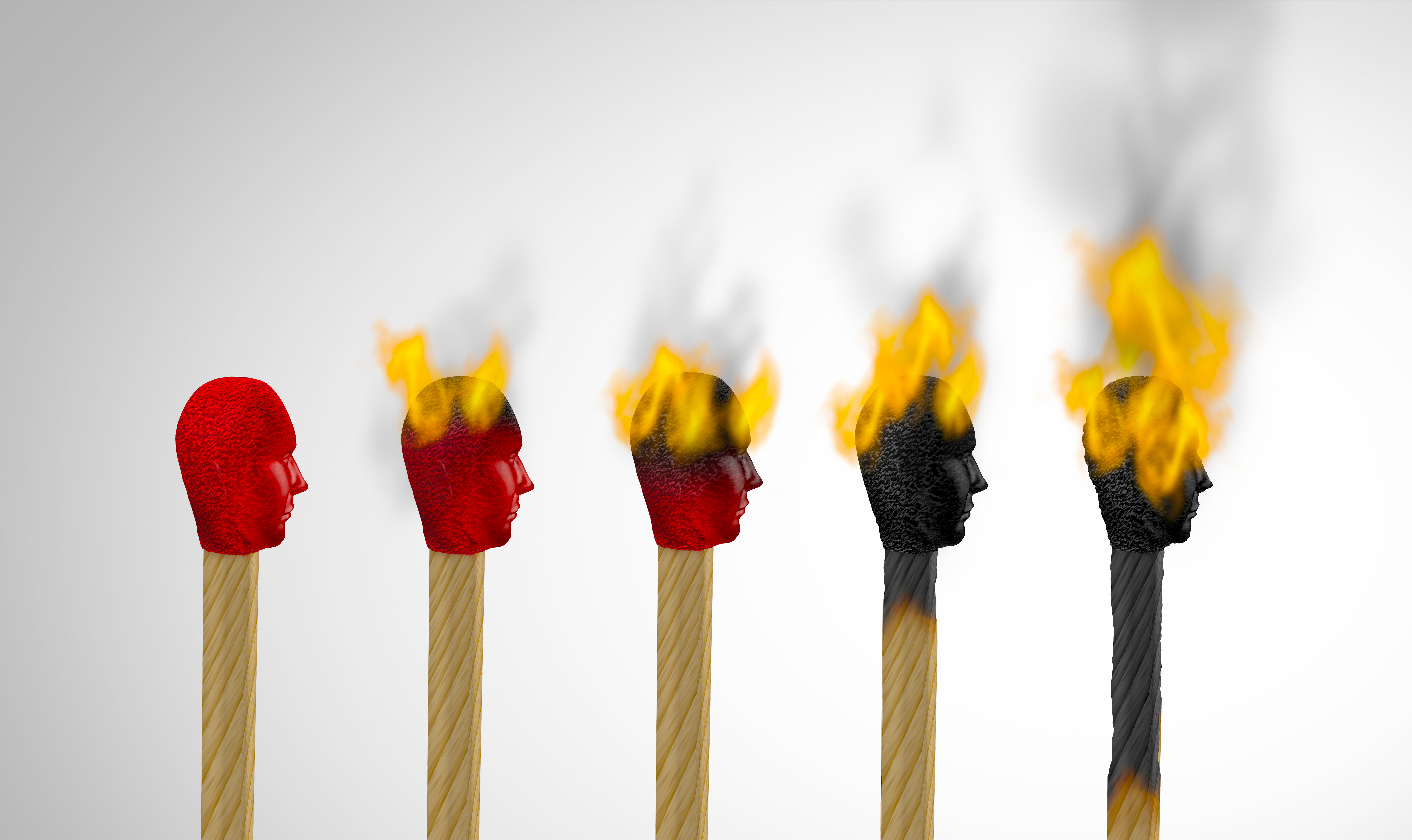 Das Bild zeigt 5 unterschiedlich abgebrannte Strichhölzer in einer Reihe um Burnout darzustellen.